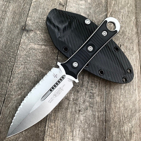 Microtech/Borka Blades 201-12 SBD Fixed Blade Knife 4.375" Stonewashed Plain/Serrated Double Edge Dagger Blade, Milled Black G10 Handles, Kydex Sheath