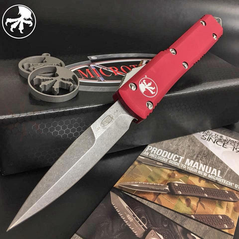 Microtech 120-10RD Ultratech AUTO OTF 3.46" Stonewashed  Bayonet Blade, Red Handle