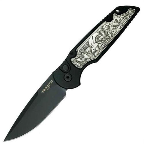 PRO-TECH LIMITED TR-3.51 TACTICAL RESPONSE 3 AUTO KNIFE, COIN STRUCK STEAMPUNK, 154CM BLACK BLADE