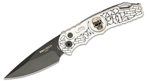 Pro-Tech TR-5.62 Custom AUTO Folding Knife 3.25" Black DLC Blade, Silver Aluminum Handles with Skull Inlay, Pearl Button