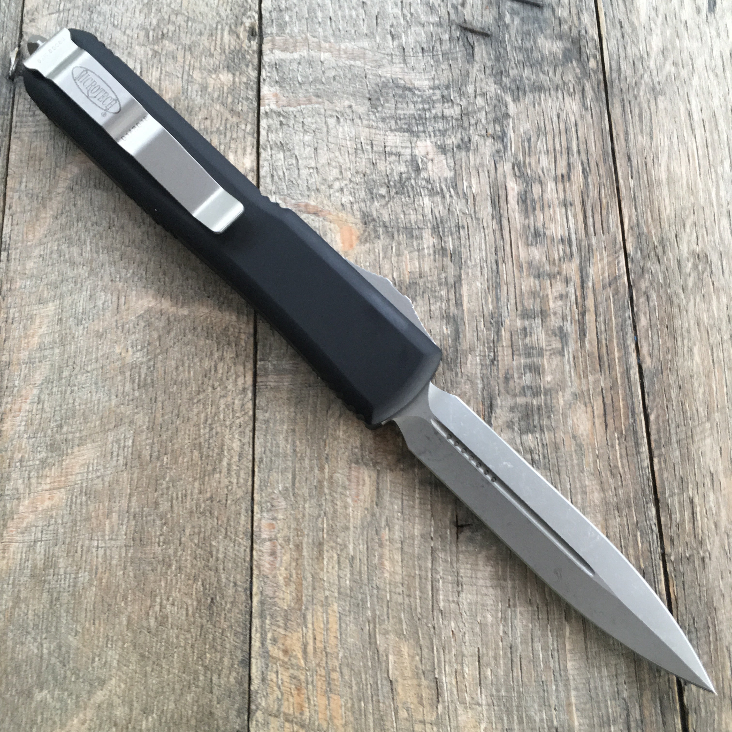 Microtech Ultratech OTF Knife 3.46 Apocalyptic Double Edge Dagger Blade  Purple 122-10APPU