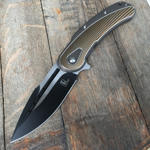 Todd Begg Knives: Steelcraft Series - Bodega - Bronze Frame - Gold Fan Patt. - Two-Tone Blade