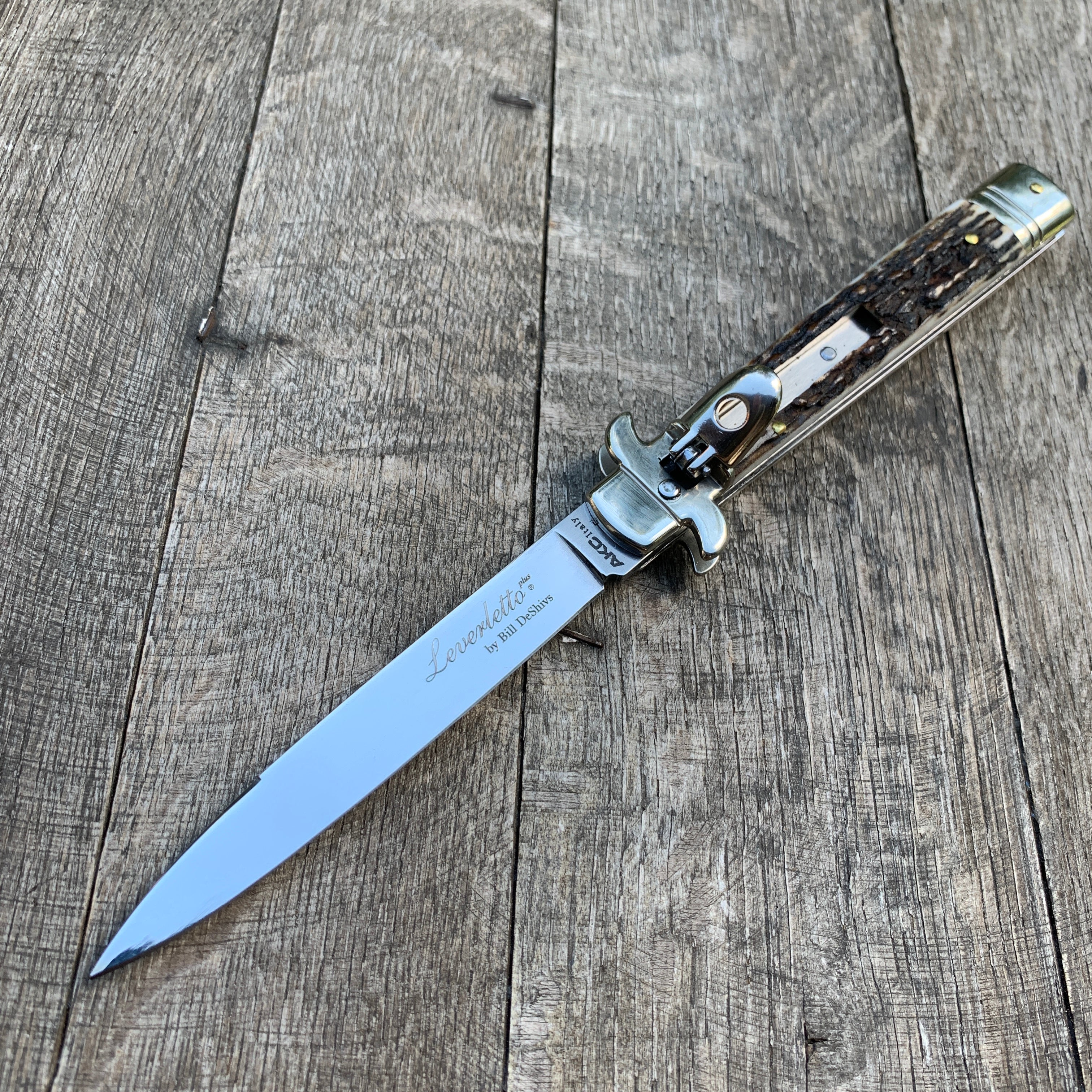 AKC 9" Leverletto Stag Automatic Knife - Flat Grind