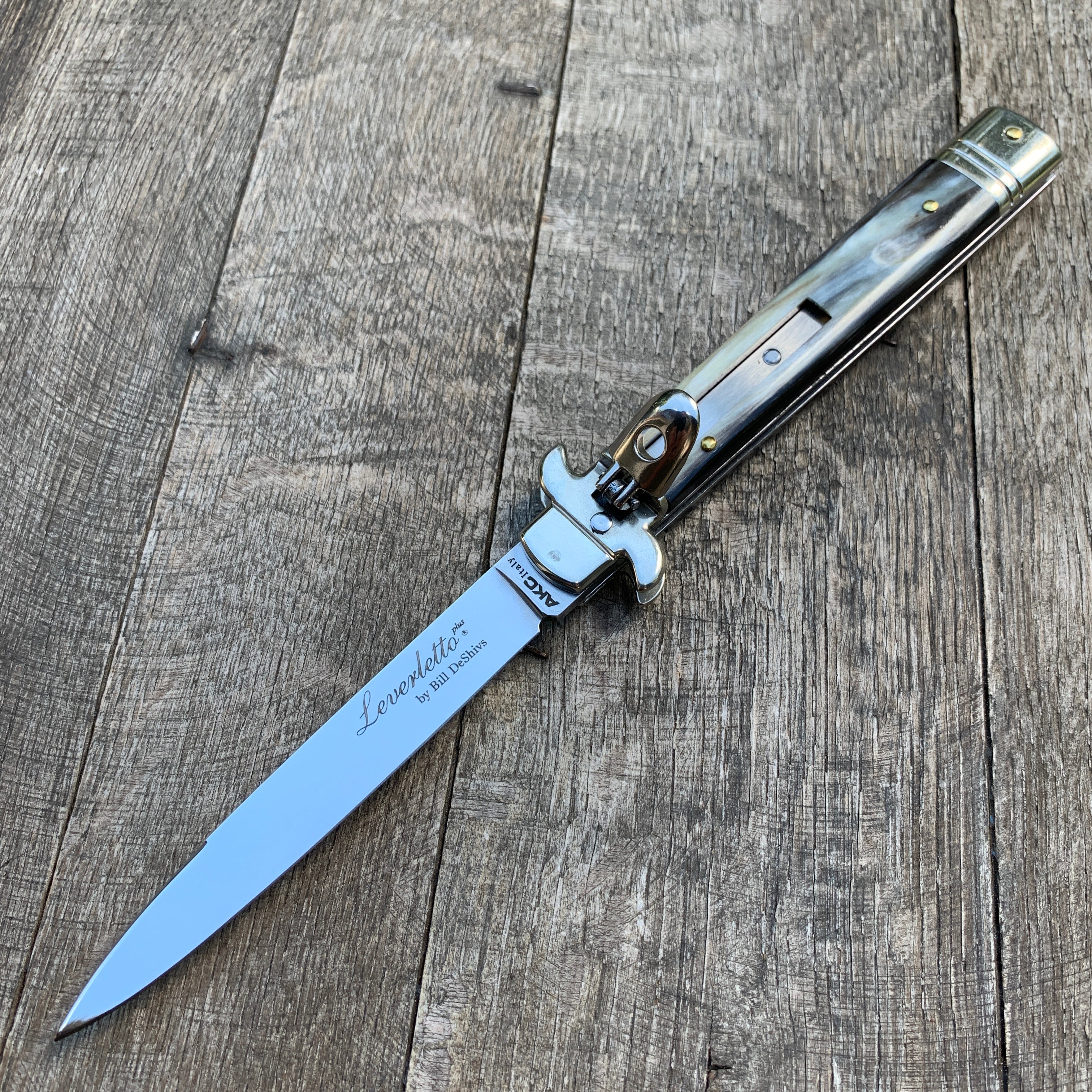AKC 4" Leverletto Dark Horn Automatic Knife - Flat Grind