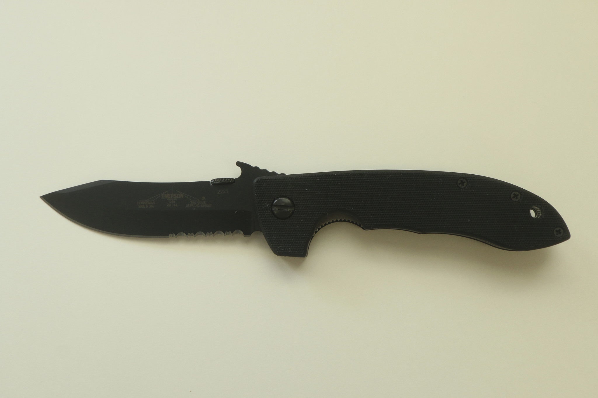 Emerson Mini CQC-8 BTS Horseman Knife (3.5" Black Serr) - GearBarrel.com