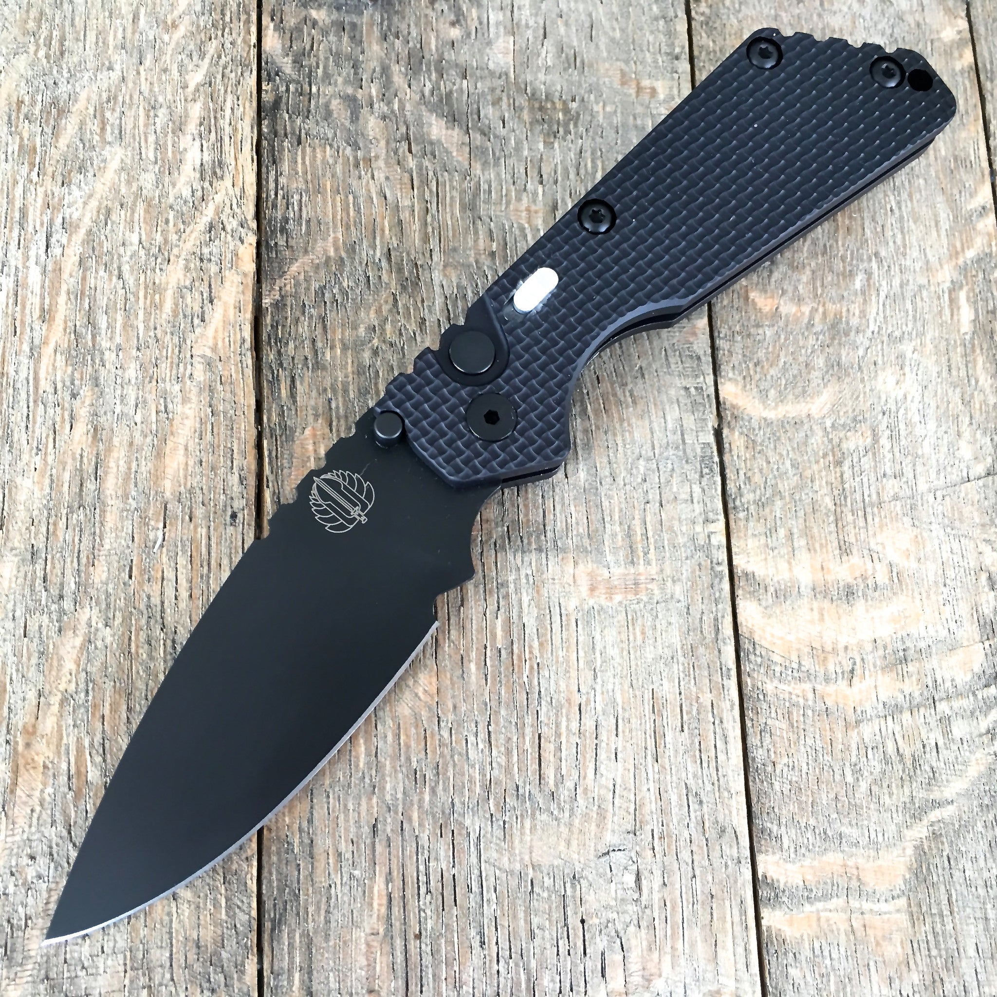 Strider + Protech SnG Automatic Knife Knurled (3.5" Black DLC 2407) - GearBarrel.com