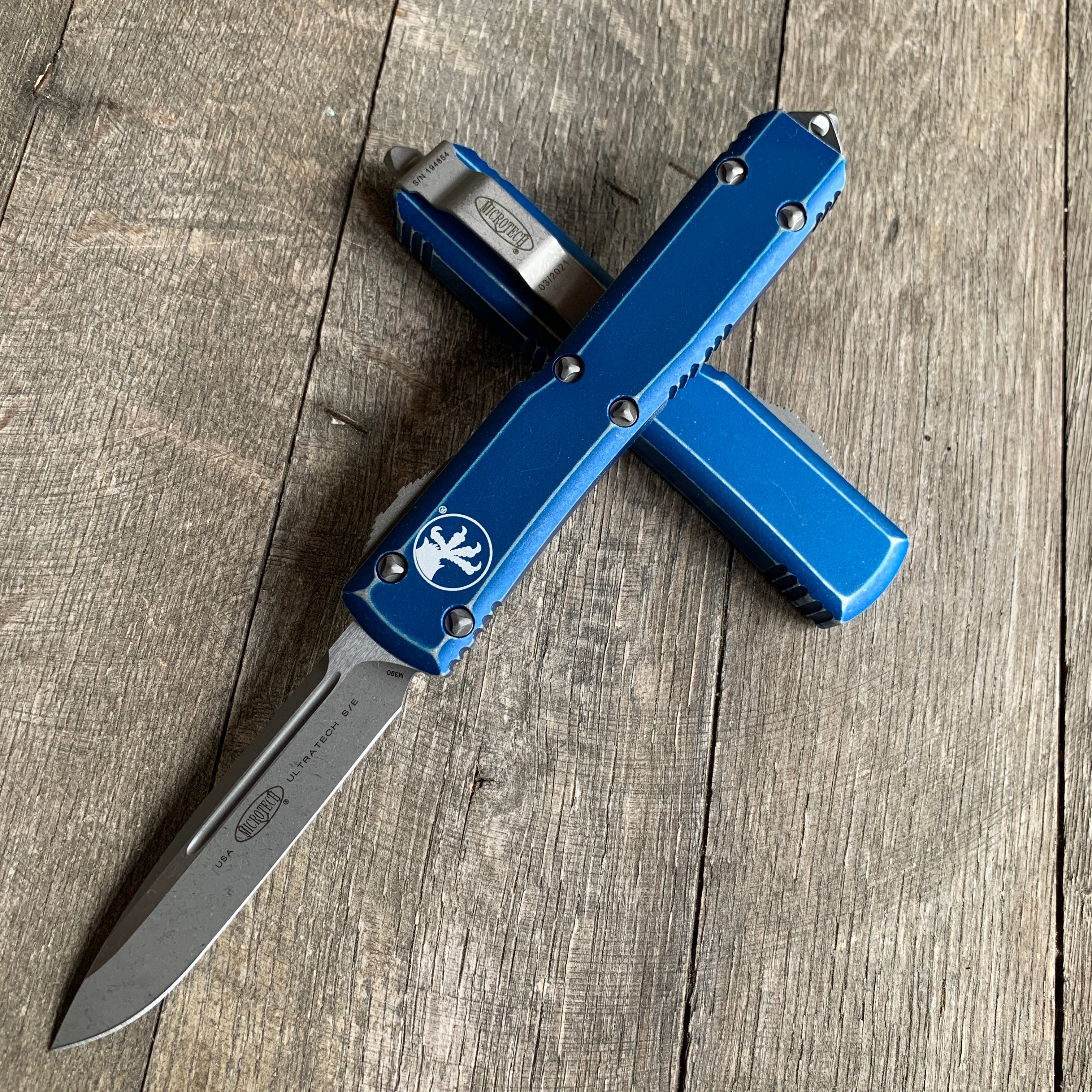 Microtech Ultratech S/E Apocalyptic Distressed Blue 121-10DBL