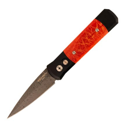 Protech Knives Godson Custom Automatic Nichols Damascus Red Apple Coral Inlays 750-RAC - GearBarrel.com