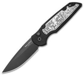 Protech TR-3 Shaw Steampunk Automatic Knife Coin Struck Inlay (3.3" Black) SHOT - GearBarrel.com