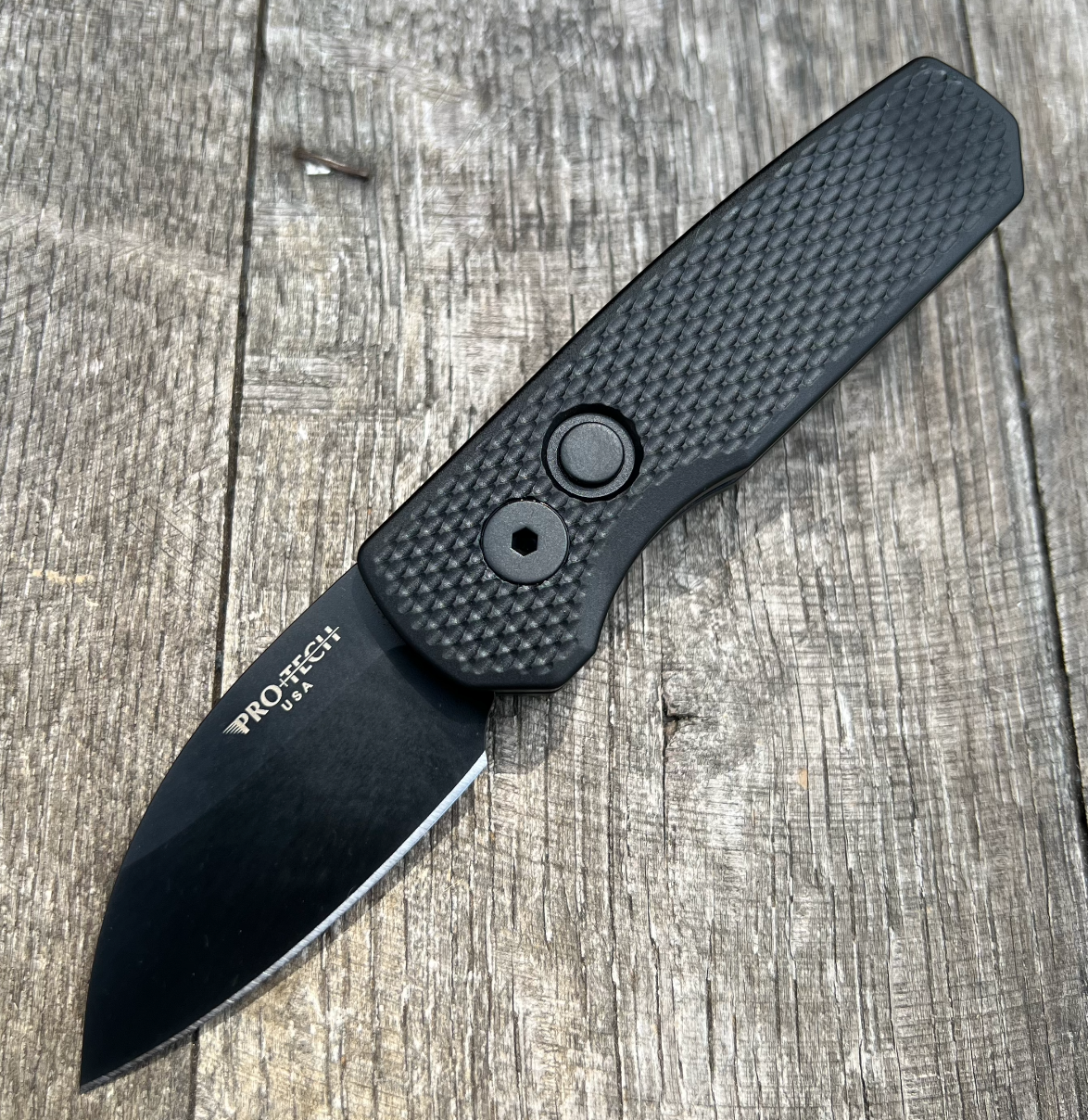 Protech Runt 5 R5106 Wharncliffe Blade Textured Black Handle