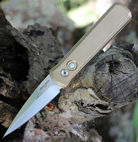 Pro-Tech 7110 Limited Edition Godson AUTO Folding Knife 3.15" 154CM Satin Blade, Stonewashed Bronze Aluminum Handles, Mother of Pearl Button