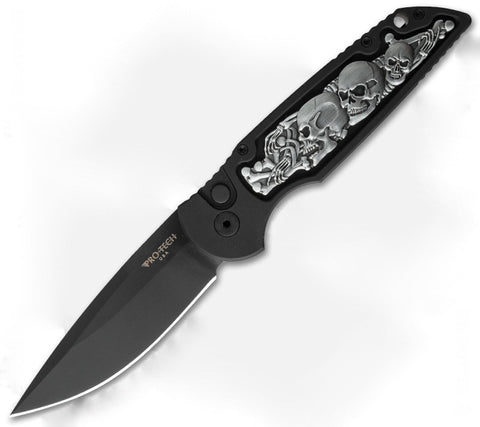 Protech TR-3 Shaw Skull Automatic Knife Coin Struck Inlay (3.5" Black) TR-3.42